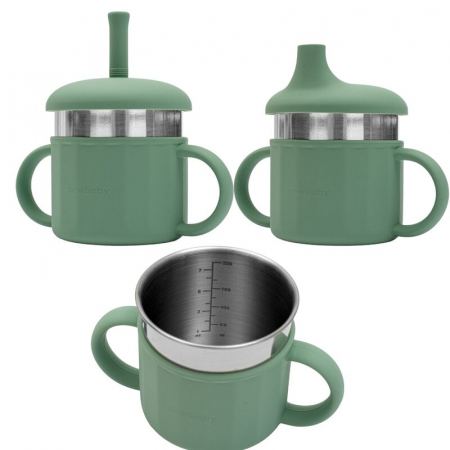 Alaptare si Hranire - Canuta, New Baby, Cu manere si gura de scurgere care poate fi folosita de sine statatoare sau cu pai, 50% silicon, 50% otel inoxidabil, Fara BPA, 0 luni+, Green