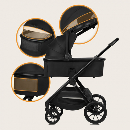 Carucior 2 in 1, Lionelo, Layla, Pana la 22 kg, Cadru aluminiu, Cu landou intarit si salteluta din spuma AirDots, Reversibil, Cu ventilatie 3D, Cu accesorii, EN1888-1, EN1888-2, EN1466, Negru [42]