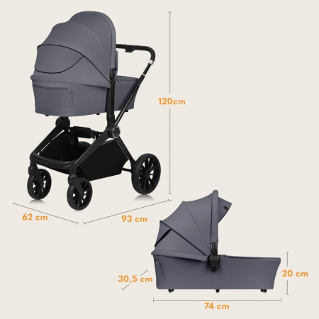 Carucior 2 in 1, Lionelo, Mika Plus, Cadru din aluminiu, Cu landou intarit si salteluta moale, Reversibil, Cu sistem de ventilatie 3D, Cu accesorii, Pana la 22 kg, Conform cu EN1888-1 EN1888-2, EN1466 [34]