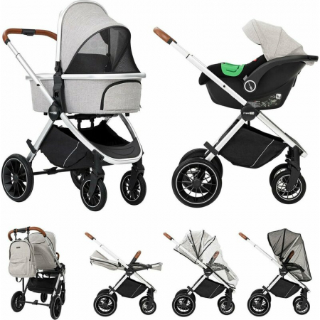 Pachete carucioare - Carucior 3 in 1, FreeON, Joy, Reversibil, Cu cadru din aluminiu, Scoica auto, Husa picioare, Geanta mamici si accesorii, Conform cu standardele europene EN1888-1:2018+A1:2022, Gri