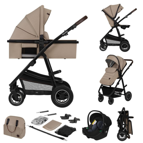 Pachete carucioare - Carucior 3 in 1, Lionelo, Amber, Cadru aluminiu, Cu landou intarit si salteluta moale, Cu scoica auto testata ADAC, Reversibil, Cu accesorii, Geanta parinti, Pana la 22 kg, Bej