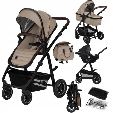 Carucior 3 in 1, Lionelo, Amber, Cadru aluminiu, Cu landou intarit si salteluta moale, Cu scoica auto testata ADAC, Reversibil, Cu accesorii, Geanta parinti, Pana la 22 kg, Bej [3]