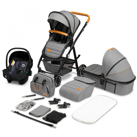 Carucior 3 in 1 Lionelo Amber, Cadru din aluminiu, Landou confortabil, Scaun auto testat ADAC, Accesorii incluse, Geanta parinti, pana la 22 kg, Certificat EN1888, Gri Deschis [2]