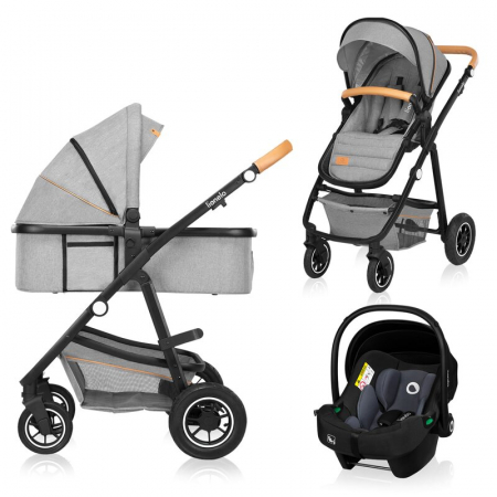 Pachete carucioare - Carucior 3 in 1 Lionelo Amber, Cadru din aluminiu, Landou confortabil, Scaun auto testat ADAC, Accesorii incluse, Geanta parinti, pana la 22 kg, Certificat EN1888, Gri Deschis