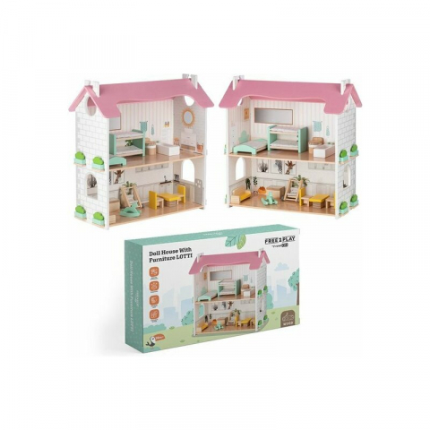 Casuta de papusi, Free2Play, Din lemn, Cu 11 piese de mobilier, Cu acces facil, 48,3 x 21 x 48 cm, 36 luni+, Multicolor [11]