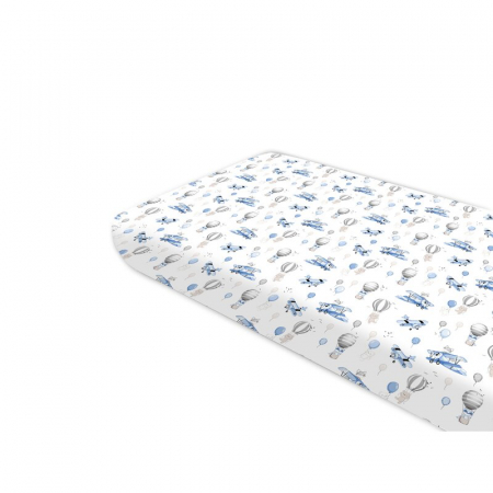 Mobilier si Lenjerie - Cearceaf cu elastic, MimiNu, Pentru pat 160X80 cm, Din bumbac certificat Oeko Tex Standard 100, Blue Plane
