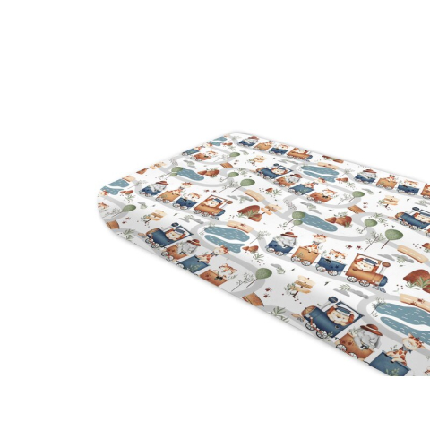 Mobilier si Lenjerie - Cearceaf cu elastic, MimiNu, Pentru pat 160x80 cm, Din bumbac certificat Oeko Tex Standard 100, Design, Zoo in train