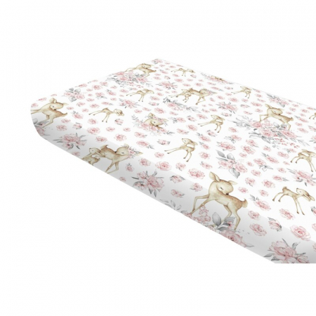 Mobilier si Lenjerie - Cearceaf cu elastic, MimiNu, Pentru pat 160x80 cm, Din bumbac certificat Oeko Tex Standard 100, Sweet Deer Pink