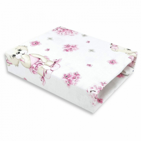 Mobilier si Lenjerie - Cearceaf cu elastic, MimiNu, Pentru patut 120X60 cm, Din bumbac certificat Oeko Tex Standard 100, Design, Pink Ballerina