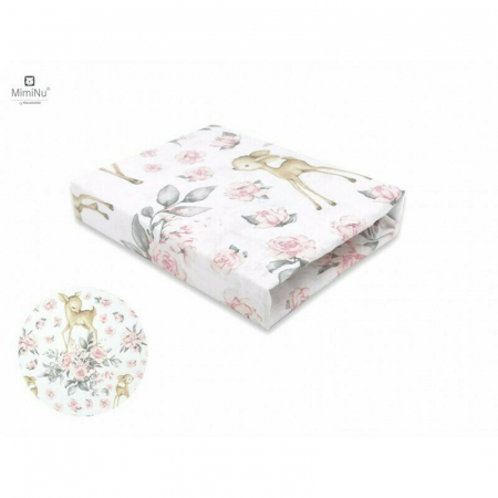 Cearceaf cu elastic, MimiNu, Pentru patut co-sleeper, Theo, Dimensiune 85 x 46 cm, Din bumbac certificat Oeko Tex Standard 100, Sweet Deer Pink [4]
