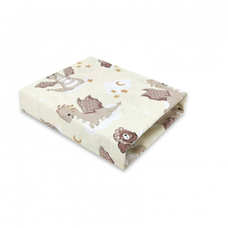Mobilier si Lenjerie - Cearceaf cu elastic, Qmini, Pentru patut 120X60 cm, Din bumbac certificat Oeko Tex Standard 100, Dragons Beige