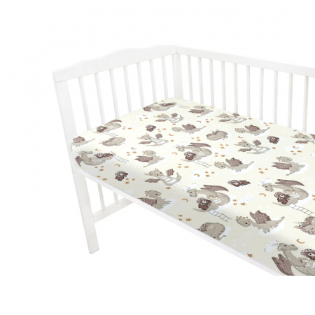 Cearceaf cu elastic, Qmini, Pentru patut 120X60 cm, Din bumbac certificat Oeko Tex Standard 100, Dragons Beige [2]