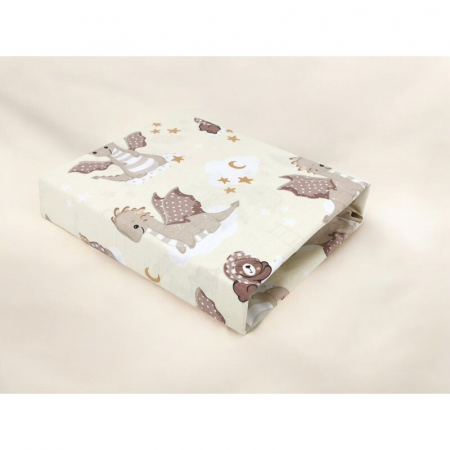 Cearceaf cu elastic, Qmini, Pentru patut 120X60 cm, Din bumbac certificat Oeko Tex Standard 100, Dragons Beige [1]