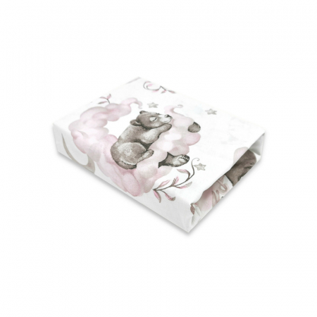 Mobilier si Lenjerie - Cearceaf cu elastic, Qmini, Pentru patut 120x60 cm, Din bumbac certificat Oeko Tex Standard 100, Teddy Bear and Friends Pink