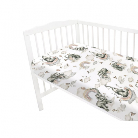 Cearceaf cu elastic, Qmini, Pentru patut 140X70 cm, Din bumbac certificat Oeko Tex Standard 100, Elephants on Rainbow [2]