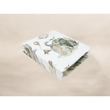 Cearceaf cu elastic, Qmini, Pentru patut 140X70 cm, Din bumbac certificat Oeko Tex Standard 100, Elephants on Rainbow [1]