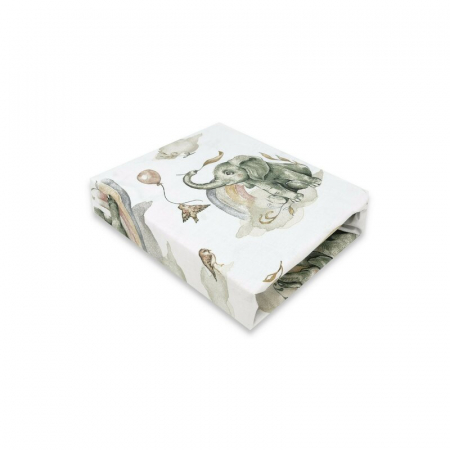 Mobilier si Lenjerie - Cearceaf cu elastic, Qmini, Pentru patut 140X70 cm, Din bumbac certificat Oeko Tex Standard 100, Elephants on Rainbow