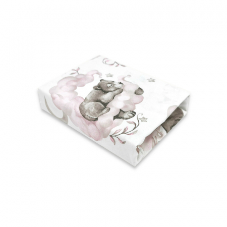 Mobilier si Lenjerie - Cearceaf cu elastic, Qmini, Pentru patut 140X70 cm, Din bumbac certificat Oeko Tex Standard 100, Teddy Bear and Friends Pink