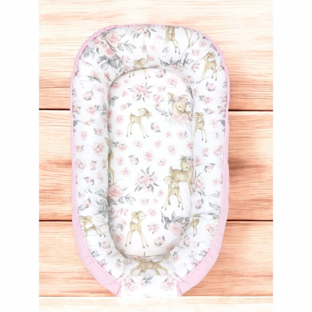 Cosulet bebelus, MimiNu, Pentru dormit, Cu doua fete, Baby Nest 105x66 cm, Husa 100% bumbac si catifea moale, Materiale certificate Oeko Tex Standard 100, Cu salteluta, Detasabila, Velvet Sweet Deer P [1]