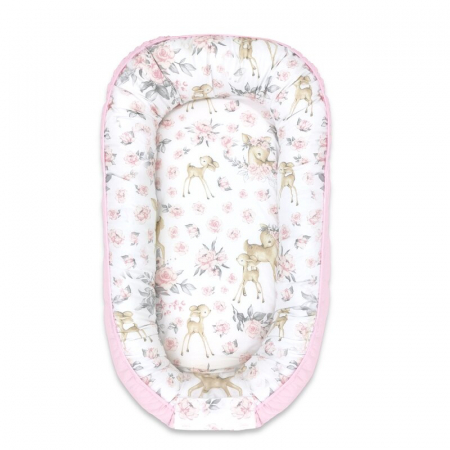 Mobilier si Lenjerie - Cosulet bebelus, MimiNu, Pentru dormit, Cu doua fete, Baby Nest 105x66 cm, Husa 100% bumbac si catifea moale, Materiale certificate Oeko Tex Standard 100, Cu salteluta, Detasabila, Velvet Sweet Deer P