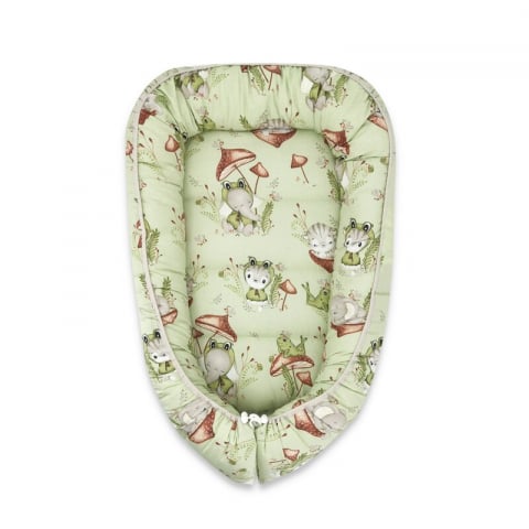Mobilier si Lenjerie - Cosulet bebelus, Qmini, Pentru dormit, Baby Cocoon 75x55 cm, Husa 100% bumbac, Din bumbac certificat Oeko Tex Standard 100, Frogs