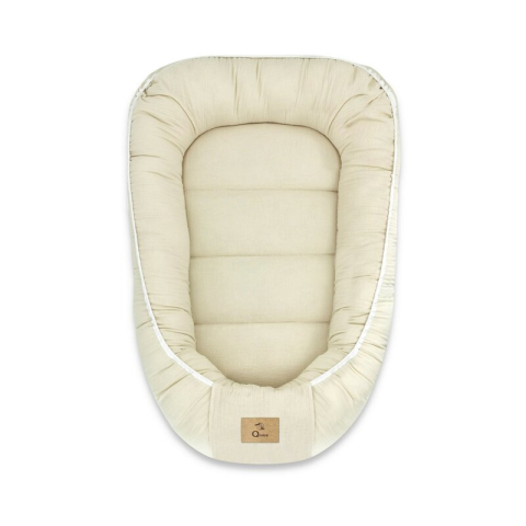 Mobilier si Lenjerie - Cosulet bebelus, Qmini, Pentru dormit, Baby Nest 55 x 75 cm, Husa 100% muselina dubla, Material certificat Oeko Tex Standard 100, Warm beige