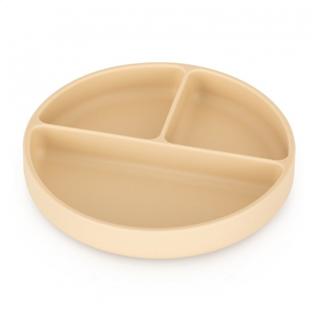 Alaptare si Hranire - Farfurie compartimentata, Petite&Mars, Take&Match, Rotunda, Cu ventuza si 3 compartimente, Silicon, Fara BPA, 500 ml, 6 luni+, Bej