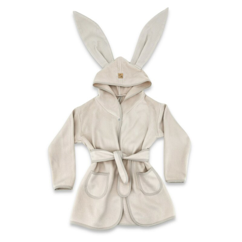 Baie si Igiena - Halat de baie, Qmini, Cu urechi, S, 6 - 24 luni, Moale, Cu buzunare, Cu cordon, Din tricot termo-terry din bambus, Materiale certificate Oeko Tex Standard 100, Beige