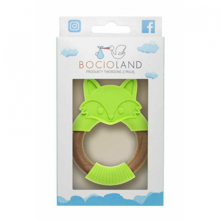 Jucarie de dentitie, Bocioland, Din silicon si lemn, Usor de prins, Bpa Free, Vulpe, Verde [1]