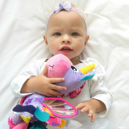 Jucarie pentru carucior, scoica auto si patut, Playgro, Cu jucarie de dentitie, Cu sunete, Activity Friend Stella Unicorn, 39 cm [4]