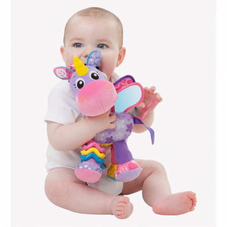 Jucarie pentru carucior, scoica auto si patut, Playgro, Cu jucarie de dentitie, Cu sunete, Activity Friend Stella Unicorn, 39 cm [1]