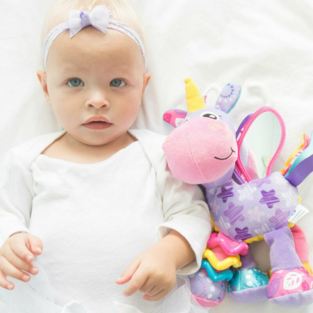 Jucarie pentru carucior, scoica auto si patut, Playgro, Cu jucarie de dentitie, Cu sunete, Activity Friend Stella Unicorn, 39 cm [5]
