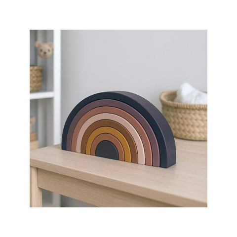 Jucarie pentru stivuire Montessori, Baby Mix, Curcubeu, Stimuleaza abilitatile motorii fine si coordonarea ochi-mana, Din lemn, 7 piese, Brown [2]