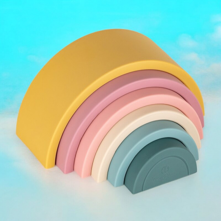 Jucarie pentru stivuire, Petite&Mars, Curcubeu, 14x7.5x5 cm, Silicon, Fara BPA, 6 piese, 12 luni+, Galben [1]
