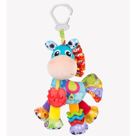 Jucarii si Jocuri - Jucarie, Playgro, Pentru carucior, scoica auto si patut, Cu jucarie de dentitie, Cu sunete, Activity Friend Clip Clop, 39 cm