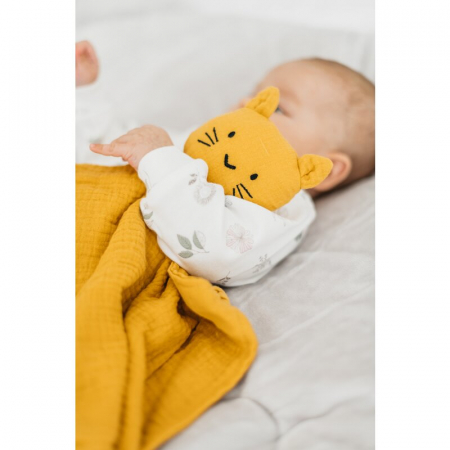 Jucarie textila, New Baby, Baby Cat, Pentru bebelusi, Moale, Din muselina, 100% bumbac,30x30 cm, Mustard [3]