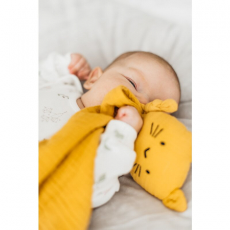 Jucarie textila, New Baby, Baby Cat, Pentru bebelusi, Moale, Din muselina, 100% bumbac,30x30 cm, Mustard [4]