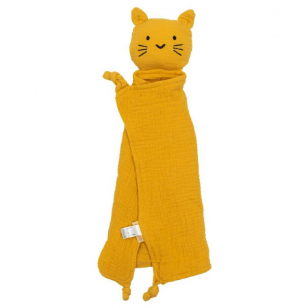 Jucarii si Jocuri - Jucarie textila, New Baby, Baby Cat, Pentru bebelusi, Moale, Din muselina, 100% bumbac,30x30 cm, Mustard