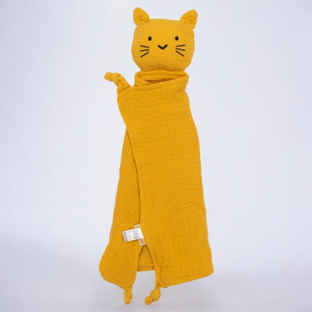 Jucarie textila, New Baby, Baby Cat, Pentru bebelusi, Moale, Din muselina, 100% bumbac,30x30 cm, Mustard [1]
