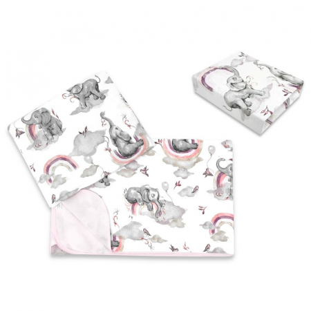 Mobilier si Lenjerie - Lenjerie pat junior cu 3 piese, Qmini, Cu cearceaf 160x80 cm, Din bumbac certificat Oeko Tex Standard 100, Cu paturica si pernuta, Elephants on Rainbow Pink