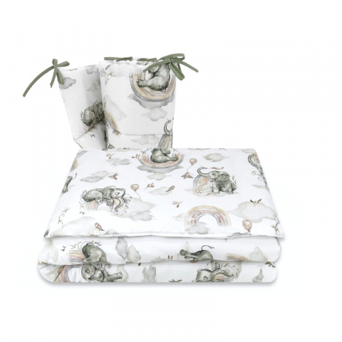 Mobilier si Lenjerie - Lenjerie patut 3 piese, Qmini, Pentru patut 120x60 cm, Cu protectie laterala, Din bumbac certificat Oeko Tex Standard 100, Elephants on Rainbow