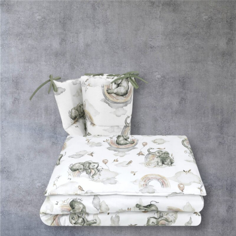 Lenjerie patut 3 piese, Qmini, Pentru patut 120x60 cm, Cu protectie laterala, Din bumbac certificat Oeko Tex Standard 100, Elephants on Rainbow [1]