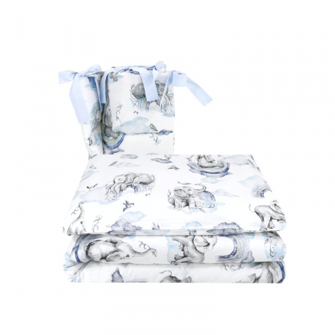 Mobilier si Lenjerie - Lenjerie patut 3 piese, Qmini, Pentru patut 120x60 cm, Cu protectie laterala, Din bumbac certificat Oeko Tex Standard 100, Elephants on Rainbow Blue