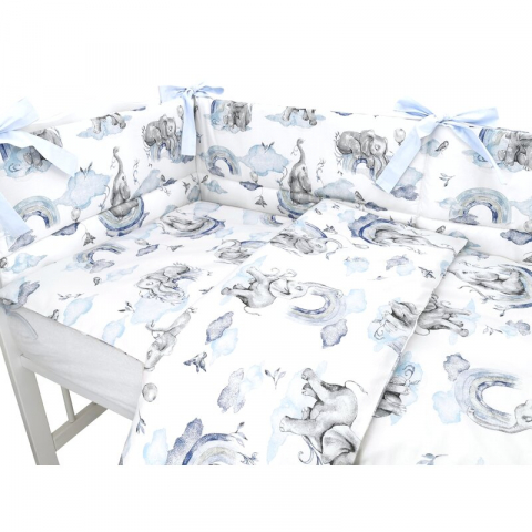 Lenjerie patut 3 piese, Qmini, Pentru patut 120x60 cm, Cu protectie laterala, Din bumbac certificat Oeko Tex Standard 100, Elephants on Rainbow Blue [2]