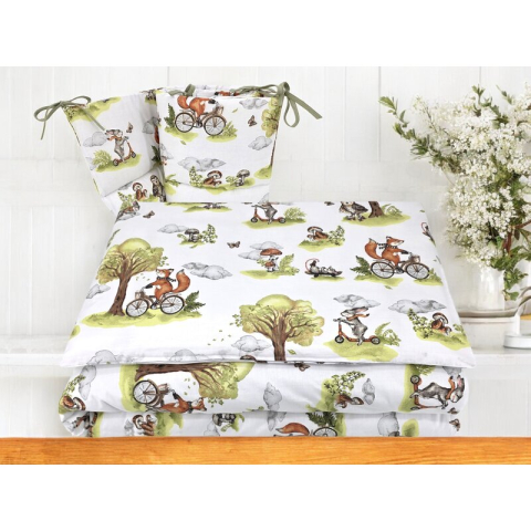 Lenjerie patut 3 piese, Qmini, Pentru patut 120x60 cm, Cu protectie laterala, Din bumbac certificat Oeko Tex Standard 100, Fox on bikes Natural [1]