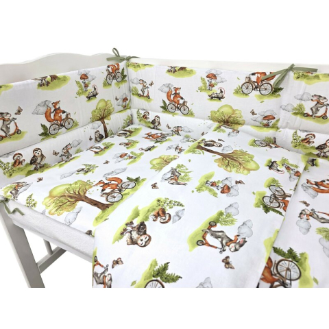 Lenjerie patut 3 piese, Qmini, Pentru patut 120x60 cm, Cu protectie laterala, Din bumbac certificat Oeko Tex Standard 100, Fox on bikes Natural [3]