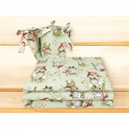 Lenjerie patut 3 piese, Qmini, Pentru patut 120x60 cm, Cu protectie laterala, Din bumbac certificat Oeko Tex Standard 100, Frogs [1]