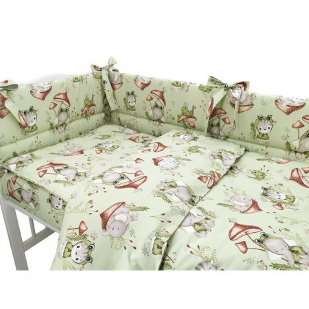 Lenjerie patut 3 piese, Qmini, Pentru patut 120x60 cm, Cu protectie laterala, Din bumbac certificat Oeko Tex Standard 100, Frogs [2]