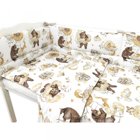 Lenjerie patut 3 piese, Qmini, Pentru patut 120x60 cm, Cu protectie laterala, Din bumbac certificat Oeko Tex Standard 100, Teddy Bear and Friends Beige [2]