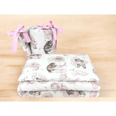 Lenjerie patut 3 piese, Qmini, Pentru patut 120x60 cm, Cu protectie laterala, Din bumbac certificat Oeko Tex Standard 100, Teddy Bear and Friends Pink [1]